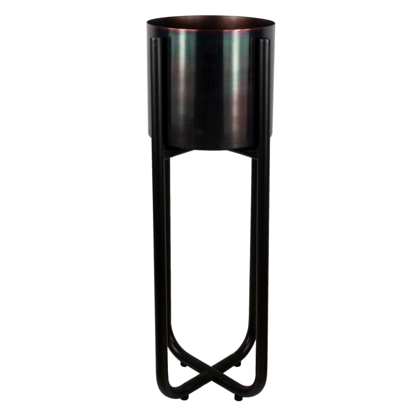 Metal Planter Stand Black Iridescent Rainbow Plant Pot 62cm x 18cm Leaf Design Botanik